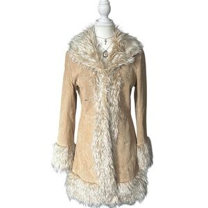 Y2K “Colebrook” Cream/Tan Leather Faux Fur Trim Embroidered Pennylane Coat